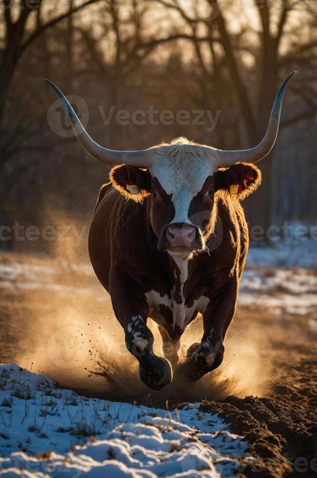 A powerful bull galloping through a snowy landscape, creating a dramatic scene at sunset. photo