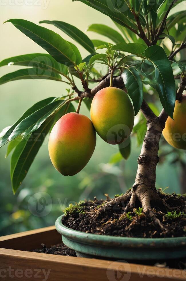 A close-up of a mango tree with ripe fruits in a decorative pot. photo