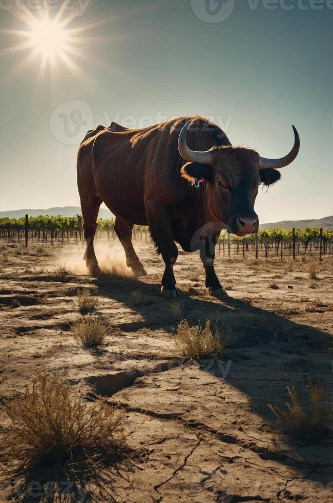 A powerful bull walking across dry, cracked earth in a vineyard under a bright sun. photo
