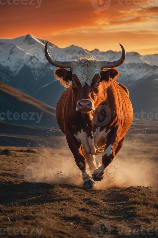 A running cow in a mountainous landscape during sunset, showcasing nature's beauty. photo