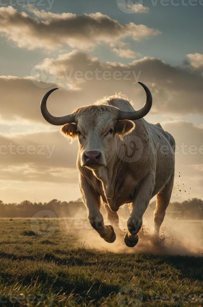 A powerful bull leaps through a field at sunset, showcasing strength and vitality. photo