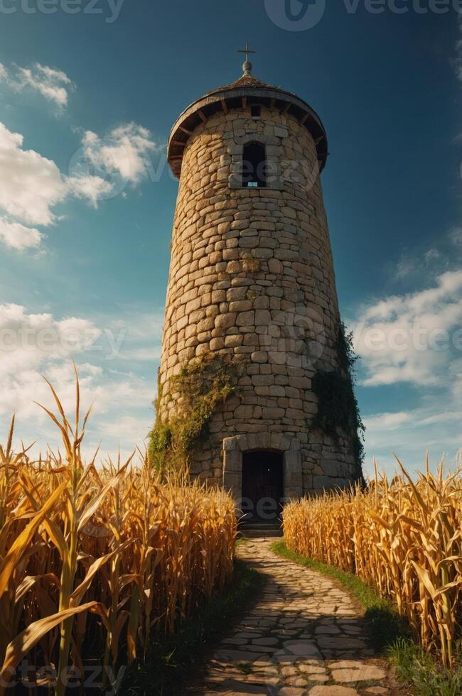 A stone tower stands amidst golden cornfields under a blue sky with scattered clouds. photo