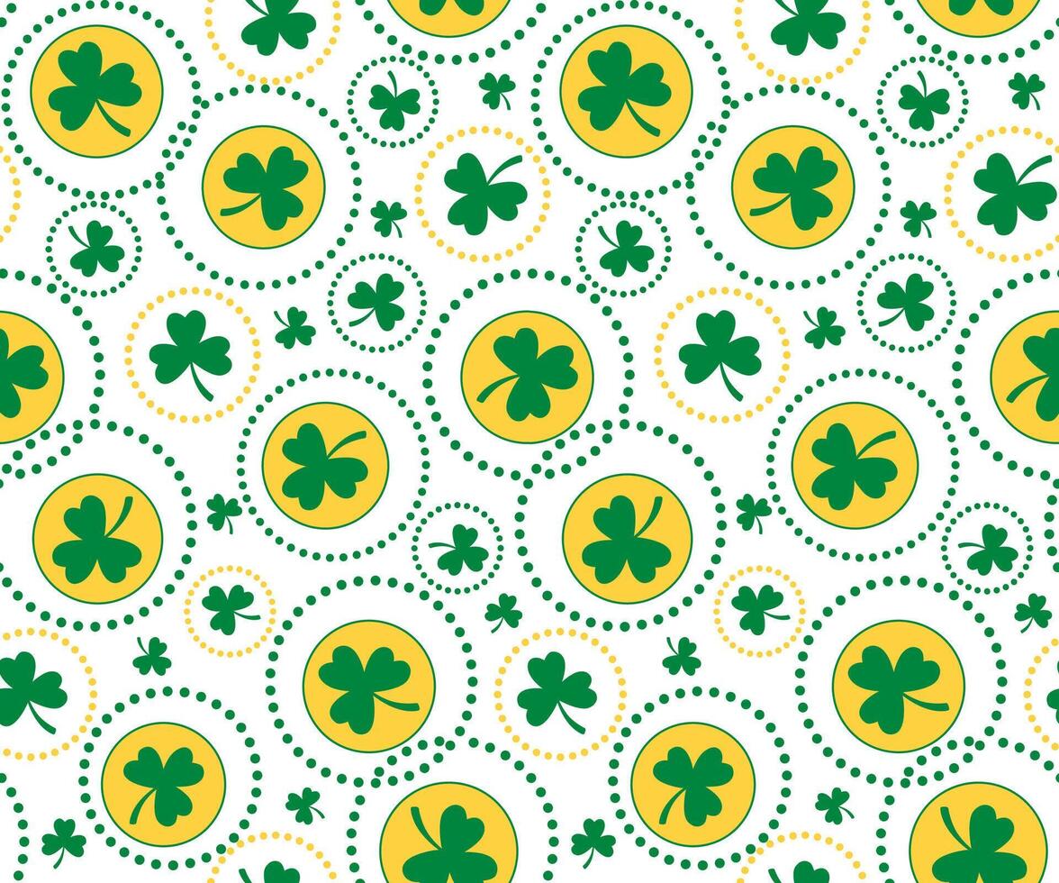 Seamless Saint Patrick Pattern With Clover Leaves And Dotted Circles On Green Background vector