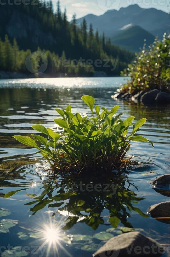 A serene lakeside scene featuring lush green plants and mountains in the background. photo