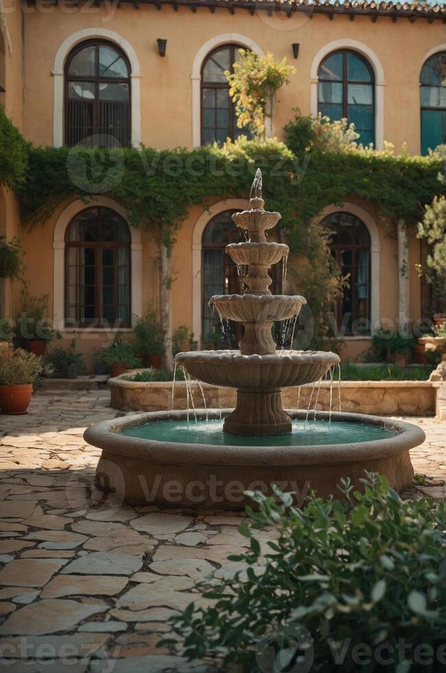 A serene courtyard featuring a tiered fountain surrounded by lush greenery and stone pathways. photo