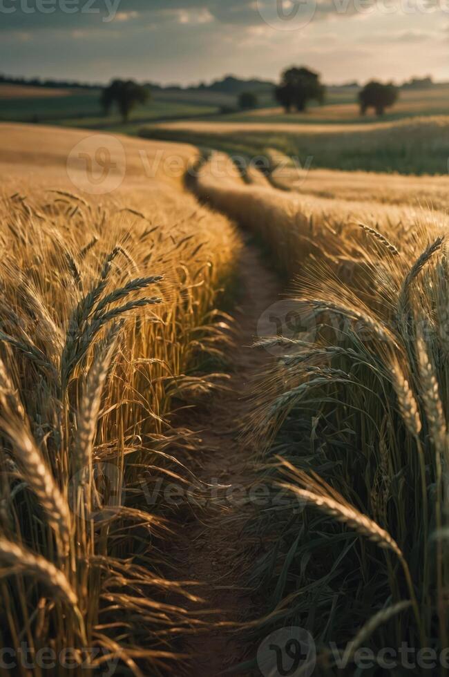 A serene pathway through golden wheat fields under a soft, cloudy sky. photo