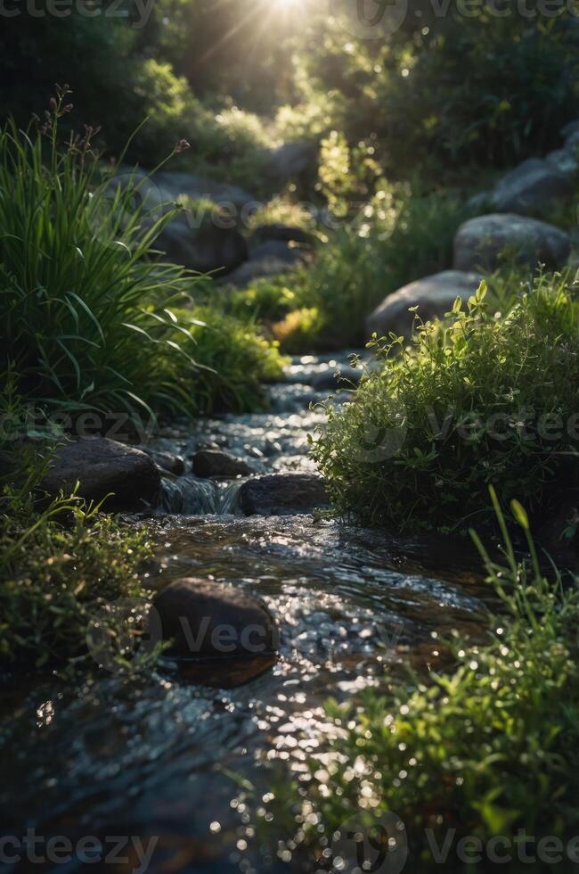 A serene stream flows through lush greenery, illuminated by soft sunlight. photo