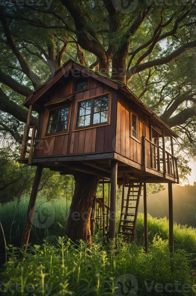 A charming treehouse nestled in a lush green landscape, perfect for leisure and relaxation. photo