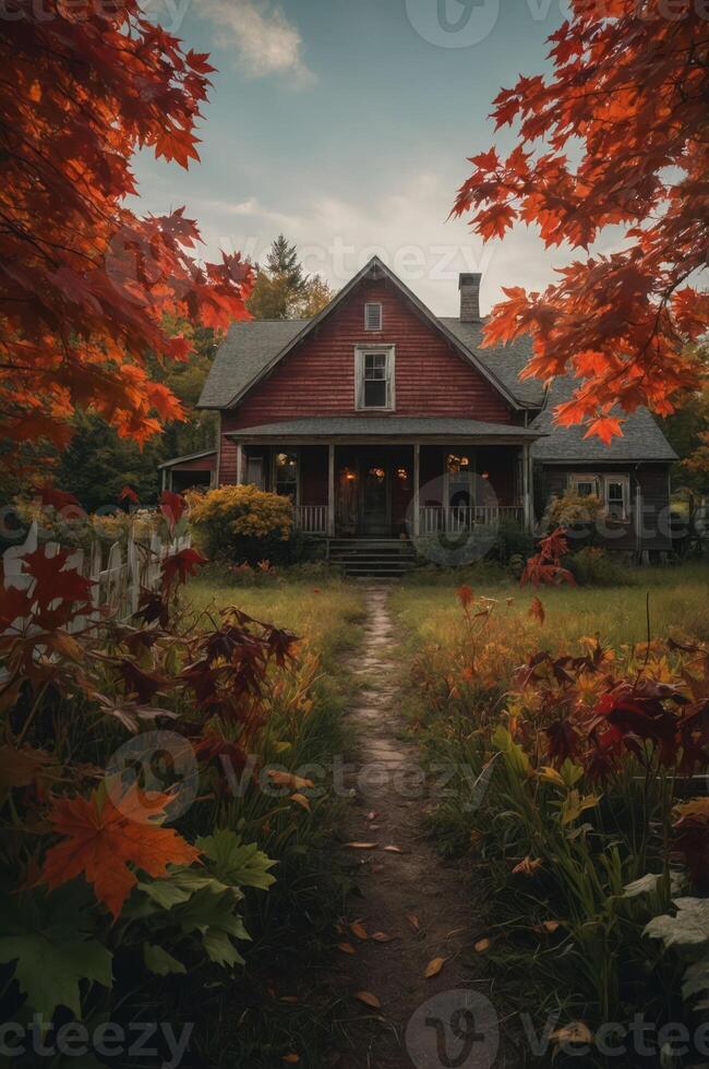 A charming red house surrounded by vibrant autumn foliage and a winding path. photo