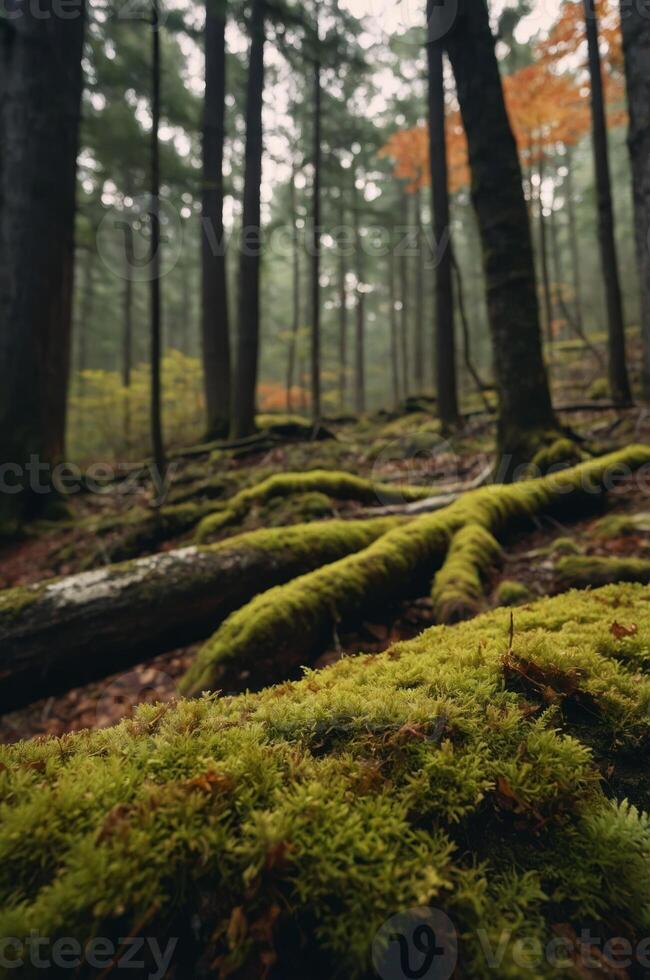 A serene forest scene with moss-covered ground and tall trees, evoking tranquility. photo