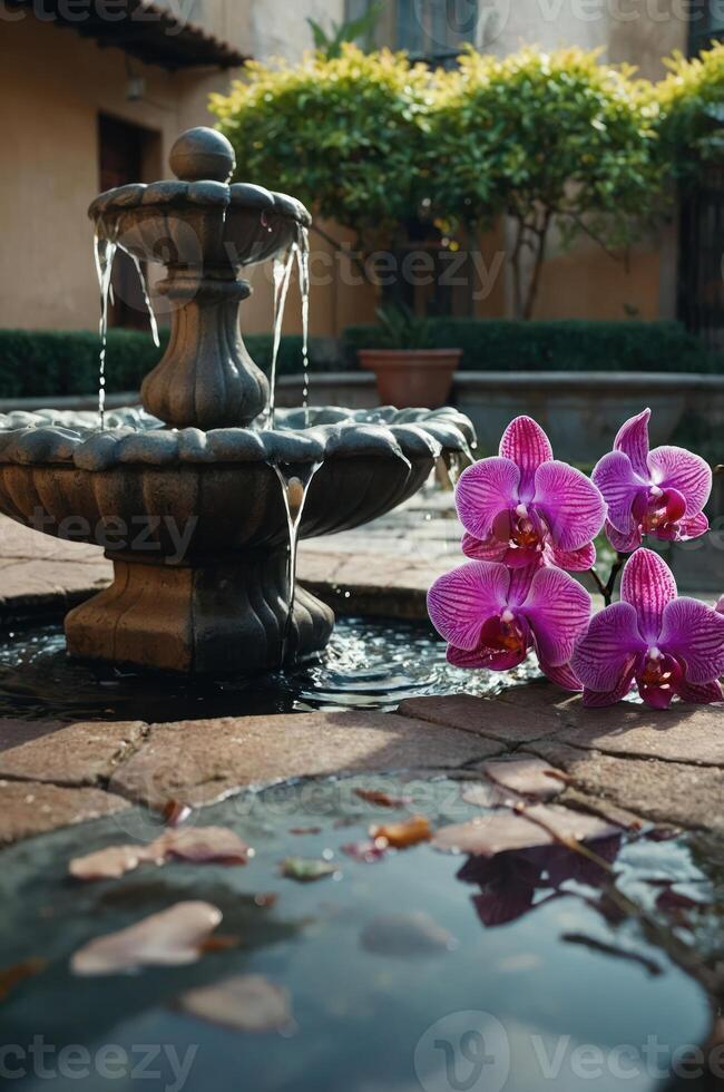 A serene courtyard scene featuring a fountain and vibrant orchids. photo