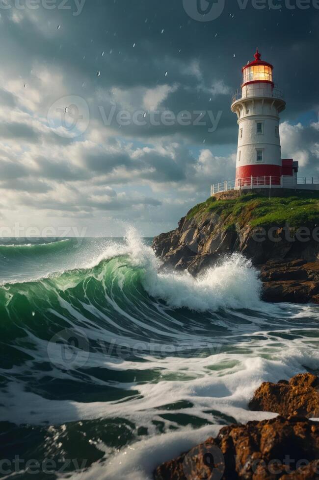 A lighthouse stands on a rocky coast, surrounded by crashing waves under a dramatic sky. photo