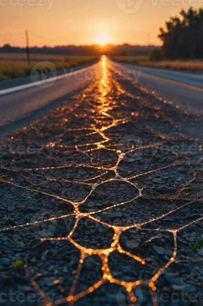 A sunset view along a cracked road, highlighting textures and warm colors. photo
