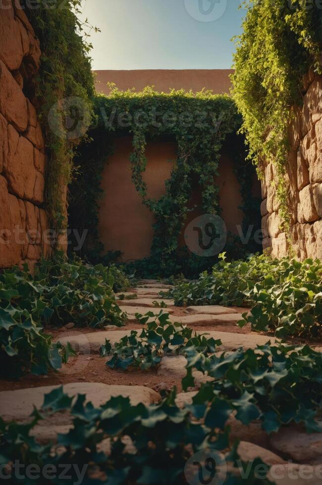 A serene pathway lined with ivy, leading through stone walls into a tranquil space. photo