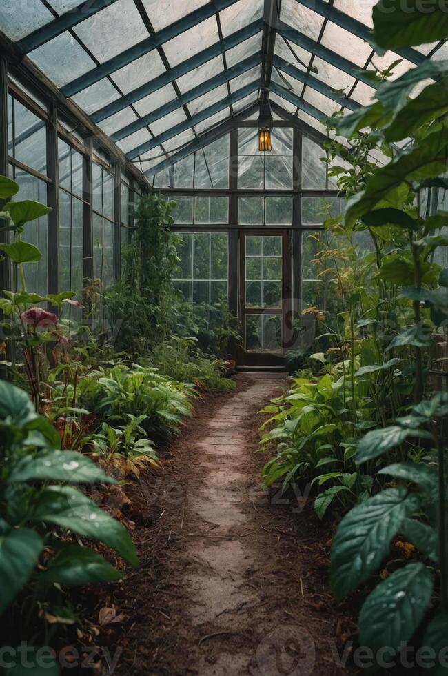 A lush greenhouse with a pathway surrounded by various plants and greenery. photo