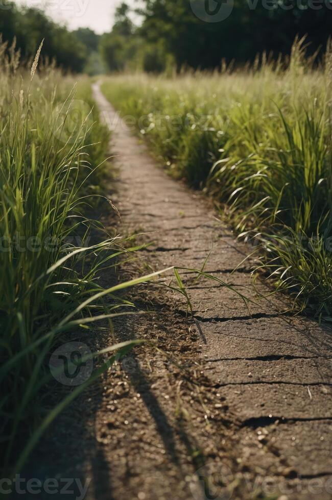 A narrow path winding through tall grass in a serene natural setting. photo