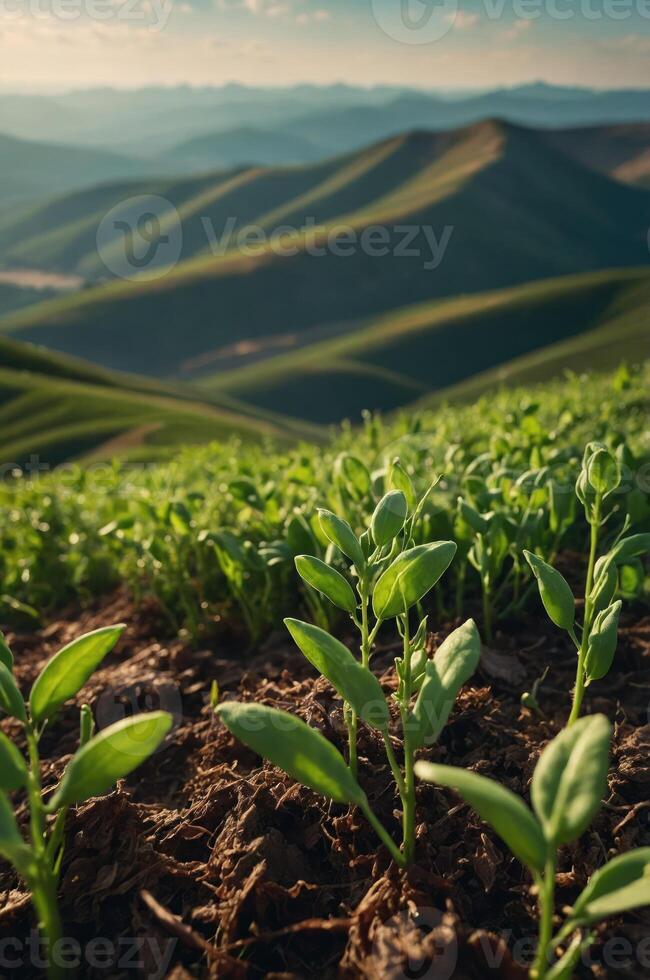 Lush green seedlings growing in fertile soil with rolling hills in the background. photo