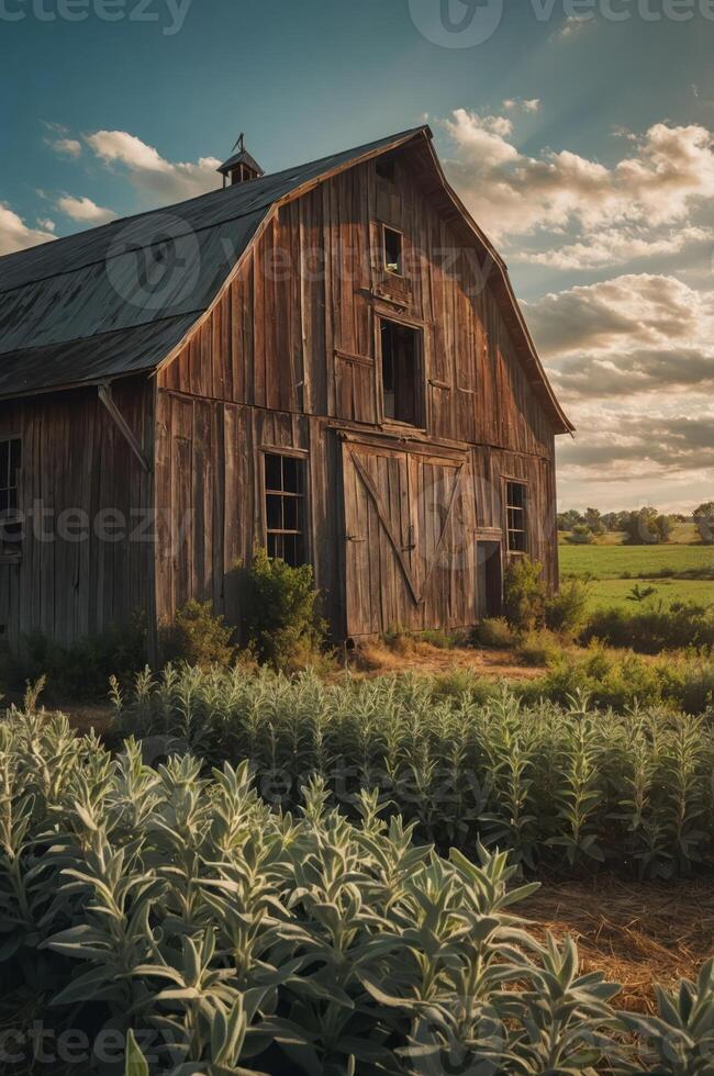 A rustic barn surrounded by lush greenery under a picturesque sky. photo