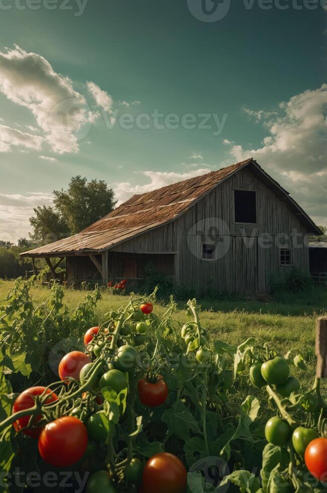 A rustic barn surrounded by vibrant tomato plants under a dramatic sky. photo