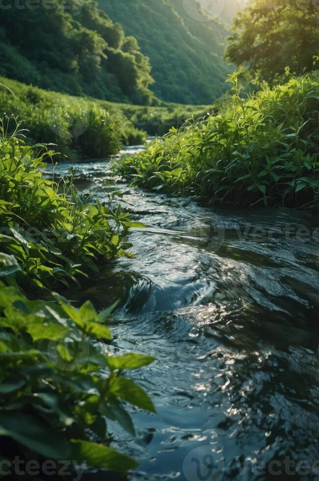 A serene stream flows through lush greenery, capturing the tranquility of nature. photo