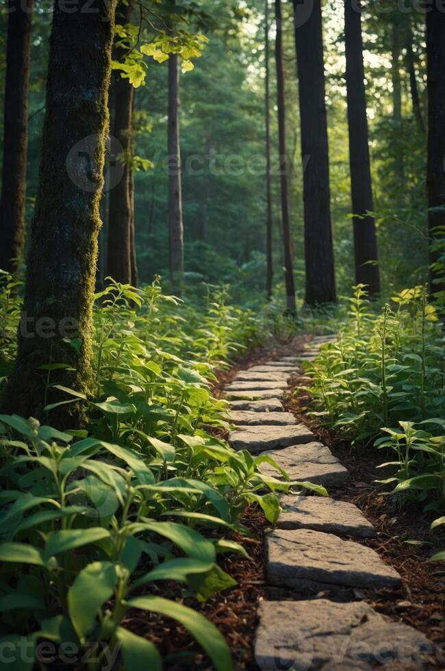 A serene forest path winding through lush greenery and tall trees, inviting exploration. photo