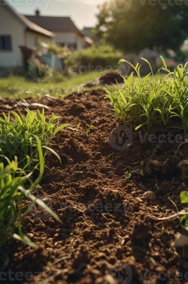 A close-up view of soil and grass with a house and trees in the background, suggesting gardening. photo