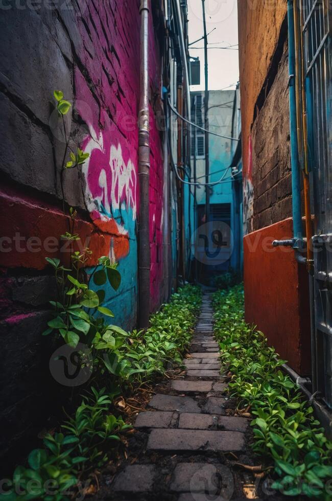 A narrow alleyway adorned with colorful graffiti and lush greenery. photo