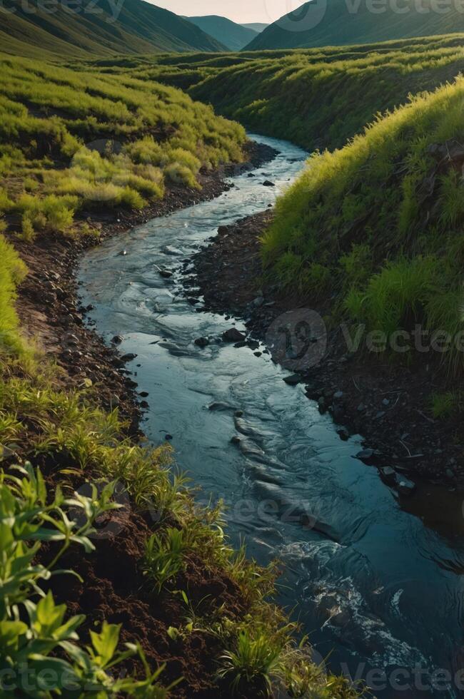 A serene stream flows through lush green hills, reflecting the sunlight. photo