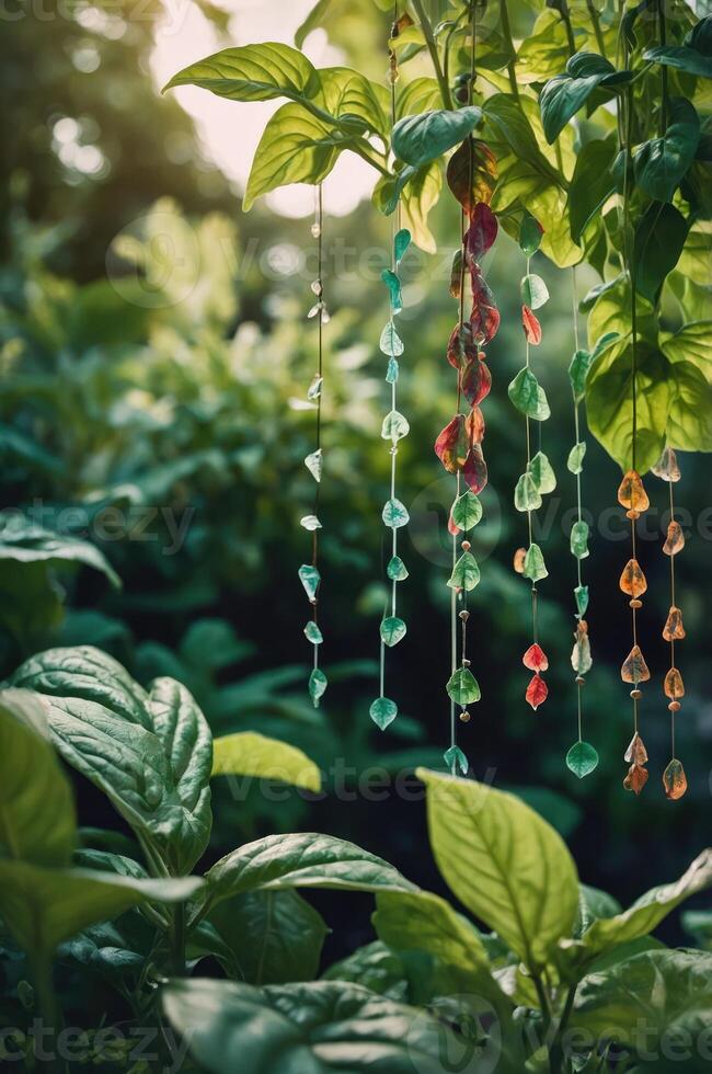A close-up of vibrant, colorful hanging decorations amidst lush green foliage. photo