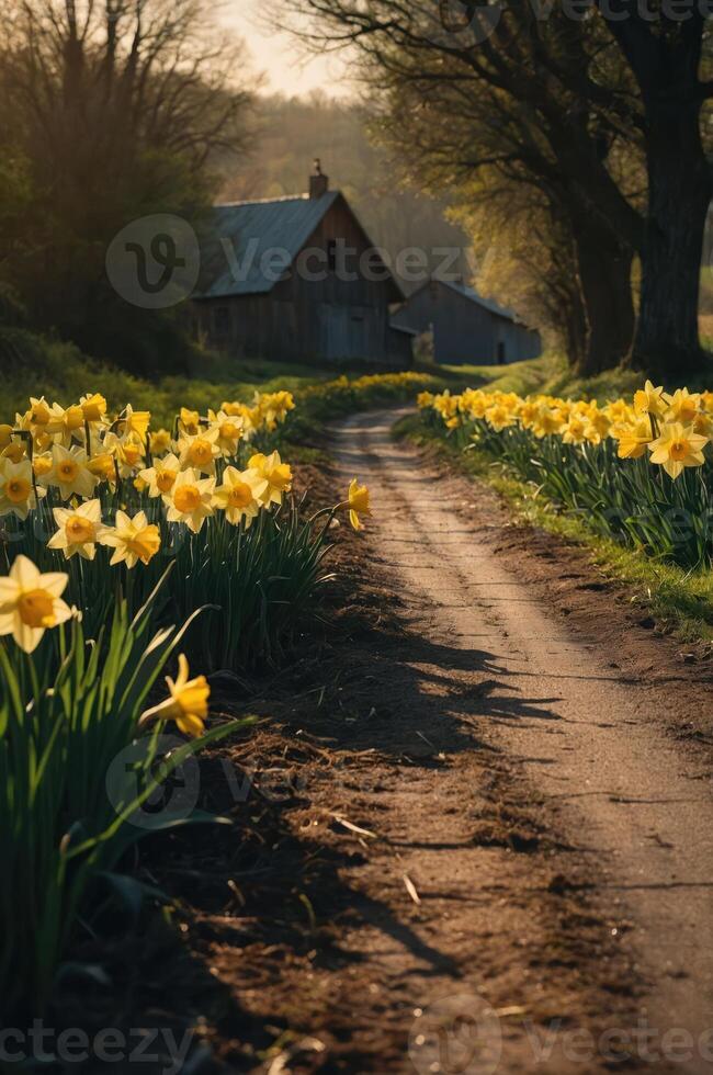 A serene dirt path lined with blooming daffodils leading to rustic buildings in nature. photo