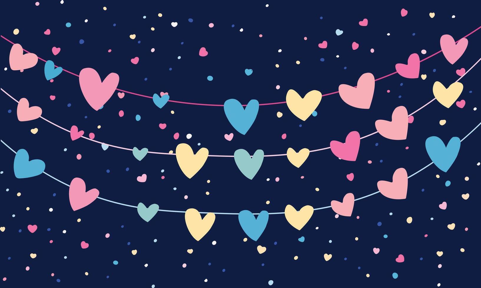 illustration of flat design, dark background with a cute hearts garland, pastel color palette, cute style, pastel colors, flat graphic design, simple minimalistic design vector