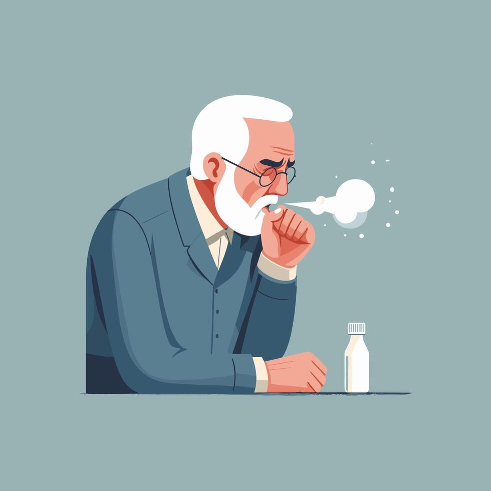 an old man with a beard cough coughing cover hand from his mouth vector