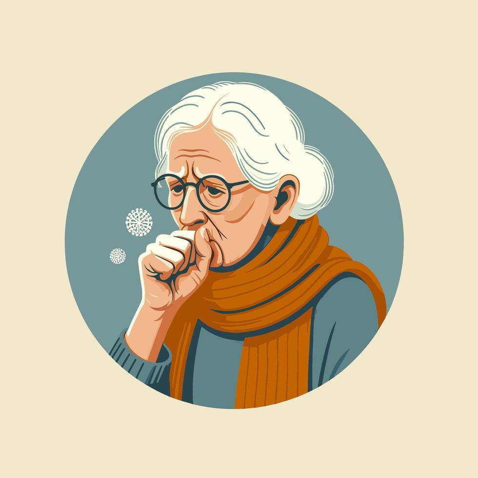 an old woman with glasses and scarf cough coughing flu symptom vector