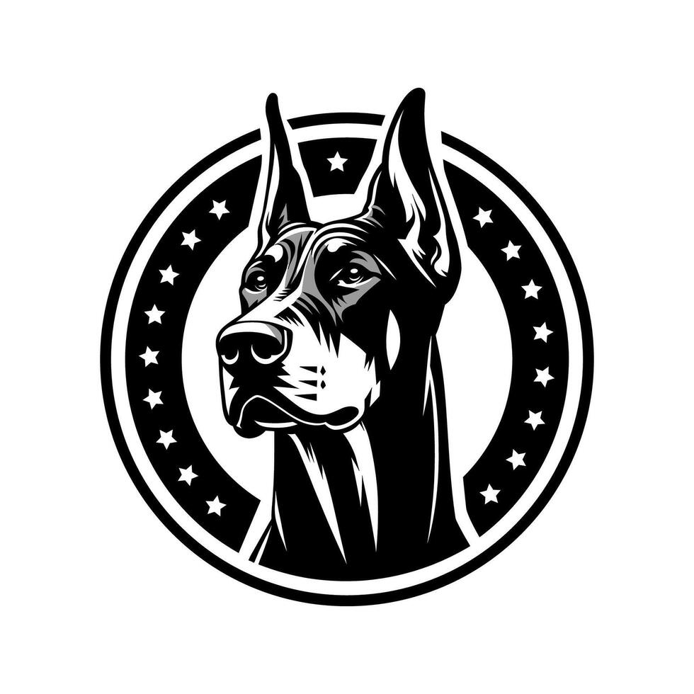 dog illustration of a doberman head in a circle with stars for logo design or tshirt vector