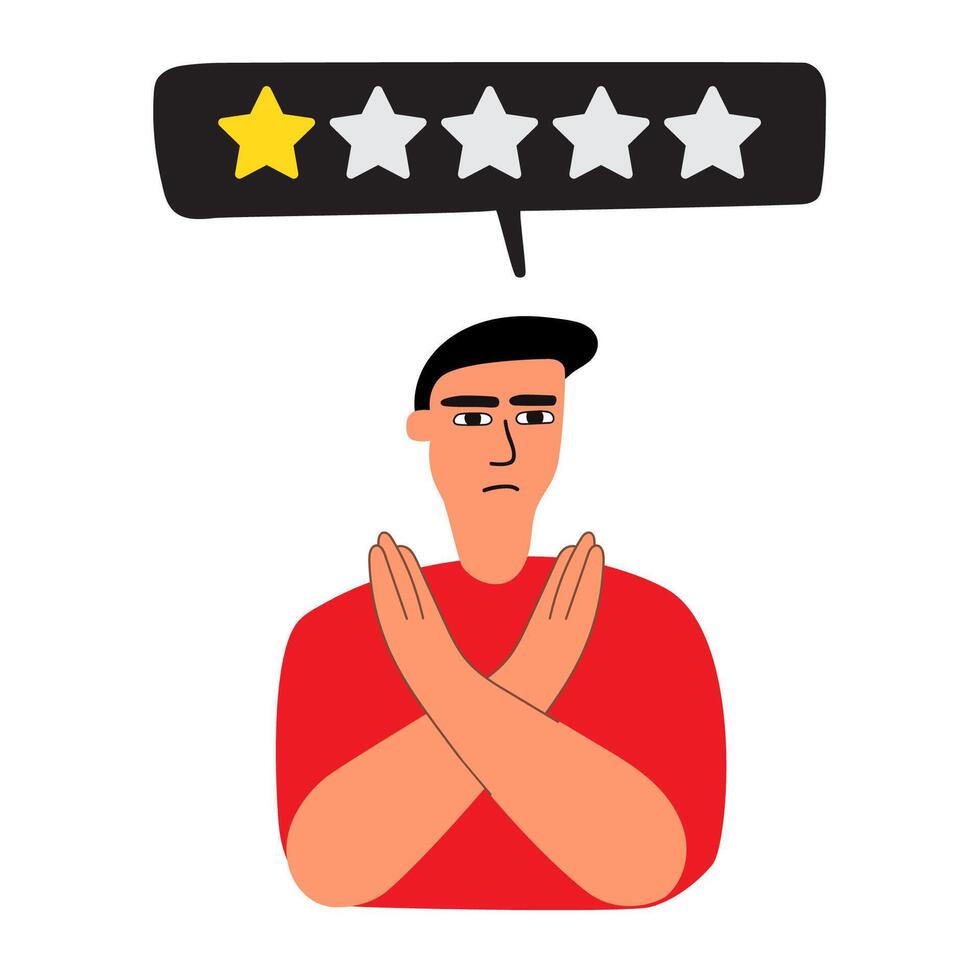 One star review. The young man received poor service delivery. Customer experience. Flat illustration on white background. vector