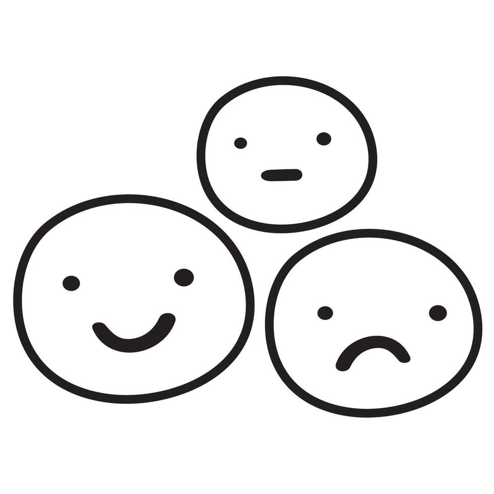 Three faces with different emotions. Sad, happy, neutral. Outline illustration on white background. vector