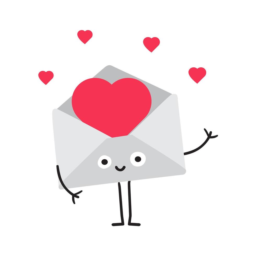 The little envelope waves and sends hearts. Valentine's card. Hand drawn illustration on white background. vector