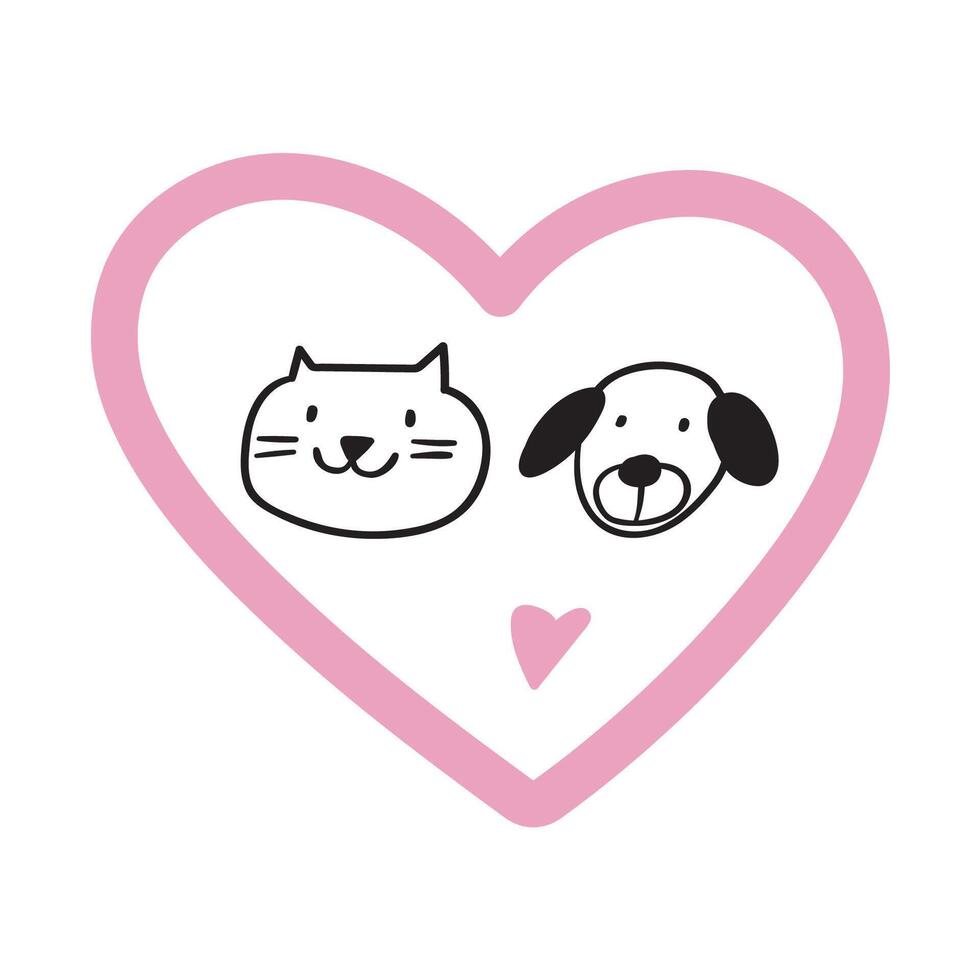 Cute dog and cat faces inside a pink heart. Concept for Valentine's day or animal shelter. Hand drawn graphic design. Outline illustration on white background. vector
