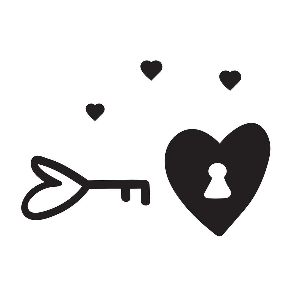 A key and a heart. Love. Isolated outline icons. Black color. Hand drawn illustration on white background. vector