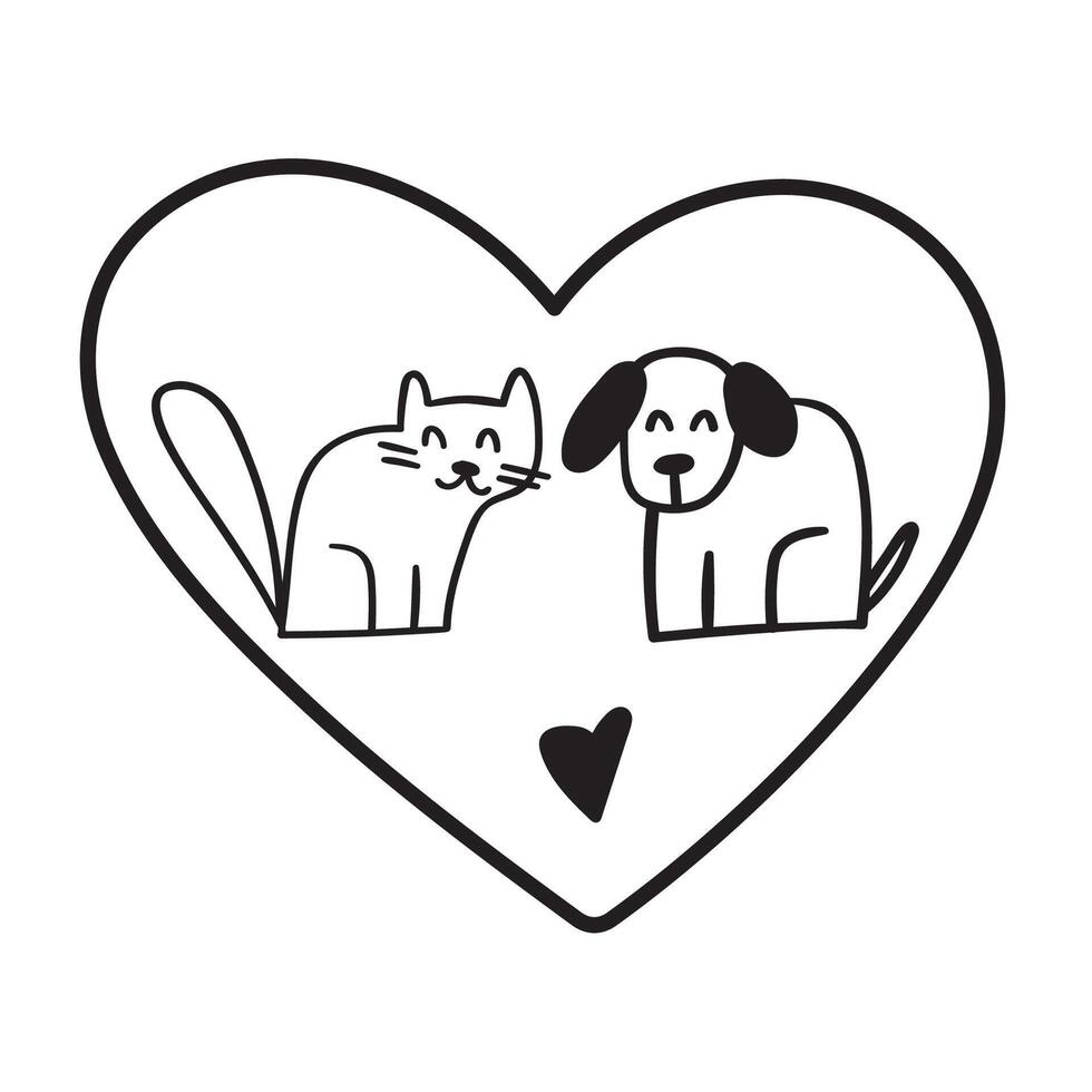 Cute dog and cat inside a heart. Concept for Valentine's day or animal shelter. Outline illustration on white background. vector