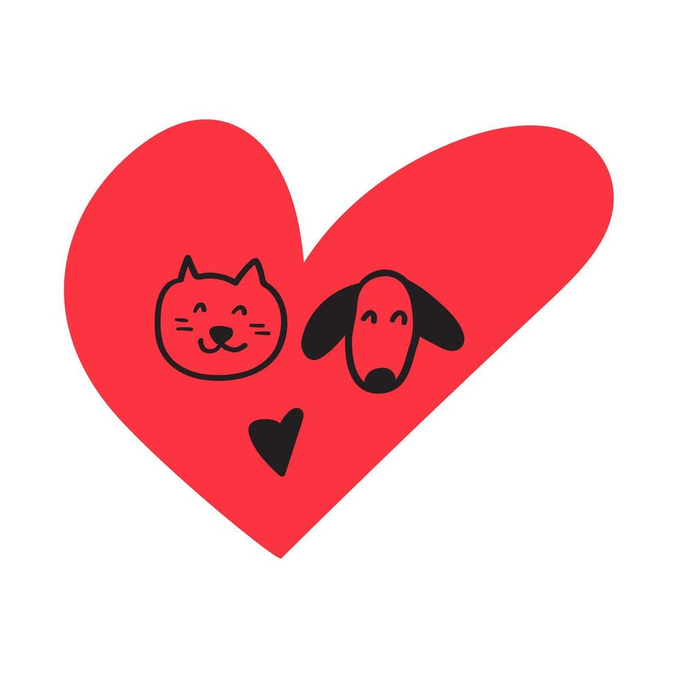 Cute dog and cat faces inside a red heart. Concept for Valentine's day or animal shelter. Flat illustration on white background. vector