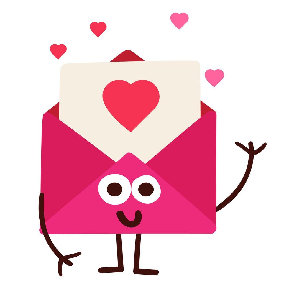 The cute envelope waves and sends hearts. Flat hand drawn illustration on white background. vector