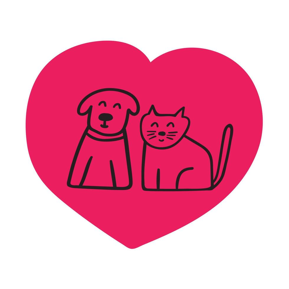 Dog and cat inside a big red heart. Concept for Valentine's day or animal shelter. Illustration on white background. vector