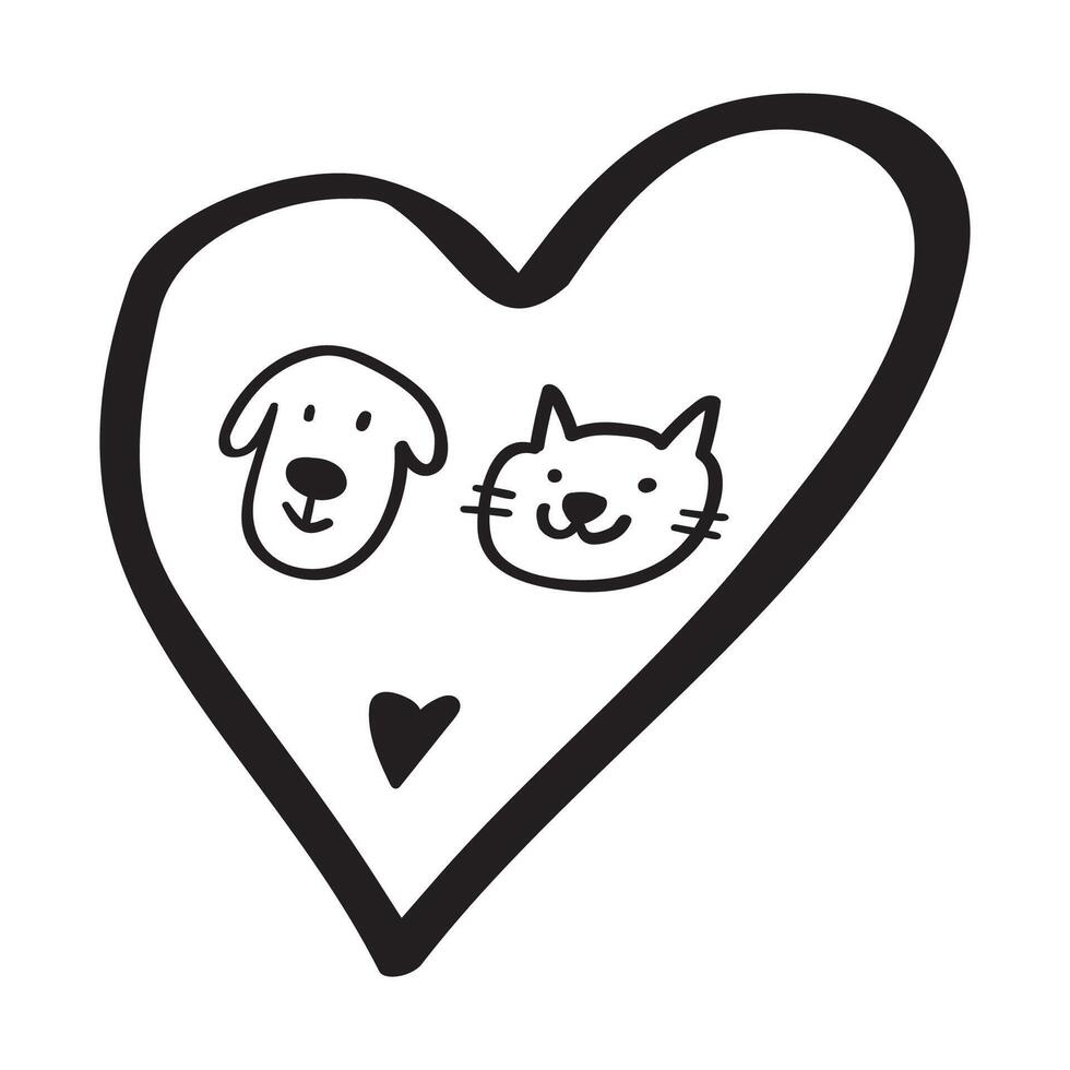 Cute dog and cat faces inside a heart. Concept for Valentine's day or animal shelter. Black color. illustration on white background. vector