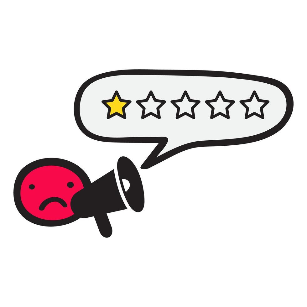 Red face with a megaphone yelling about the low rating. Poor service. outline illustration on white background. vector
