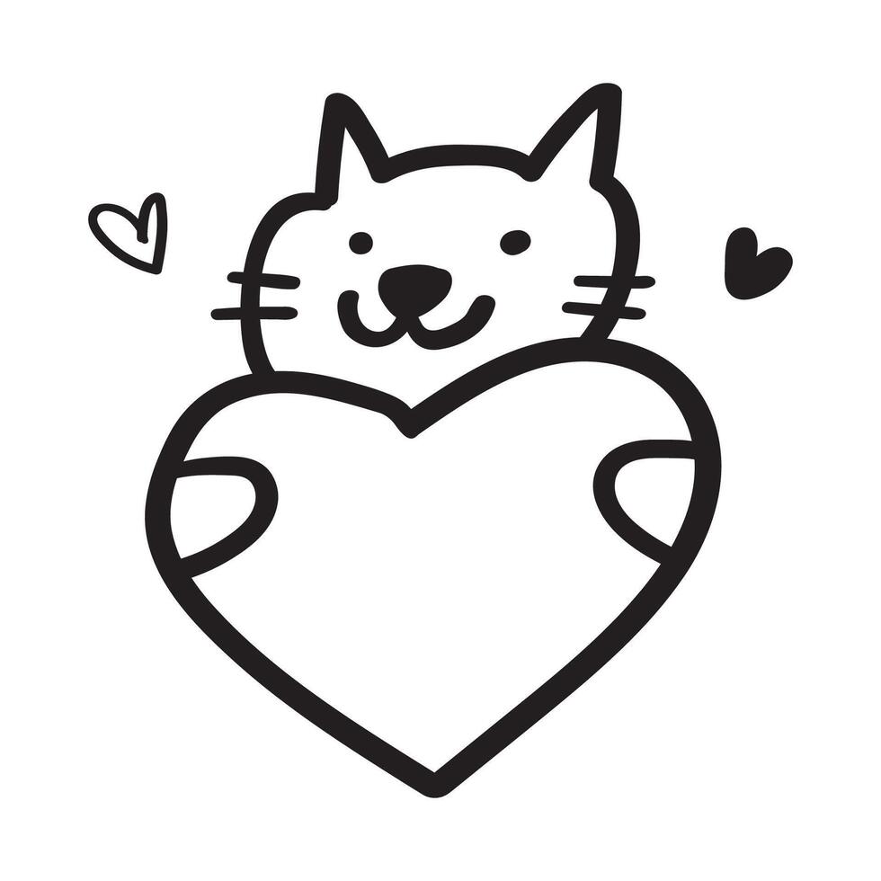 A cute cat holds a heart. Valentine's Day design. hand drawn outline illustration on white background. vector