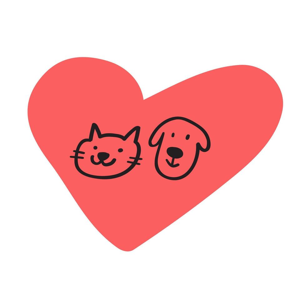 Dog and cat faces inside a heart. Concept for Valentine's day or animal shelter. Love. Hand drawn illustration on white background. vector