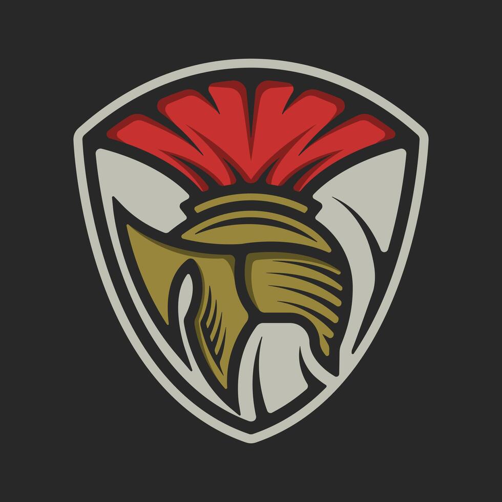 Spartan helmet logo with shield in vintage black background vector