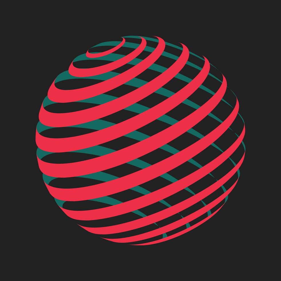 Spiral sphere illustration with red and green stripes on dark background vector