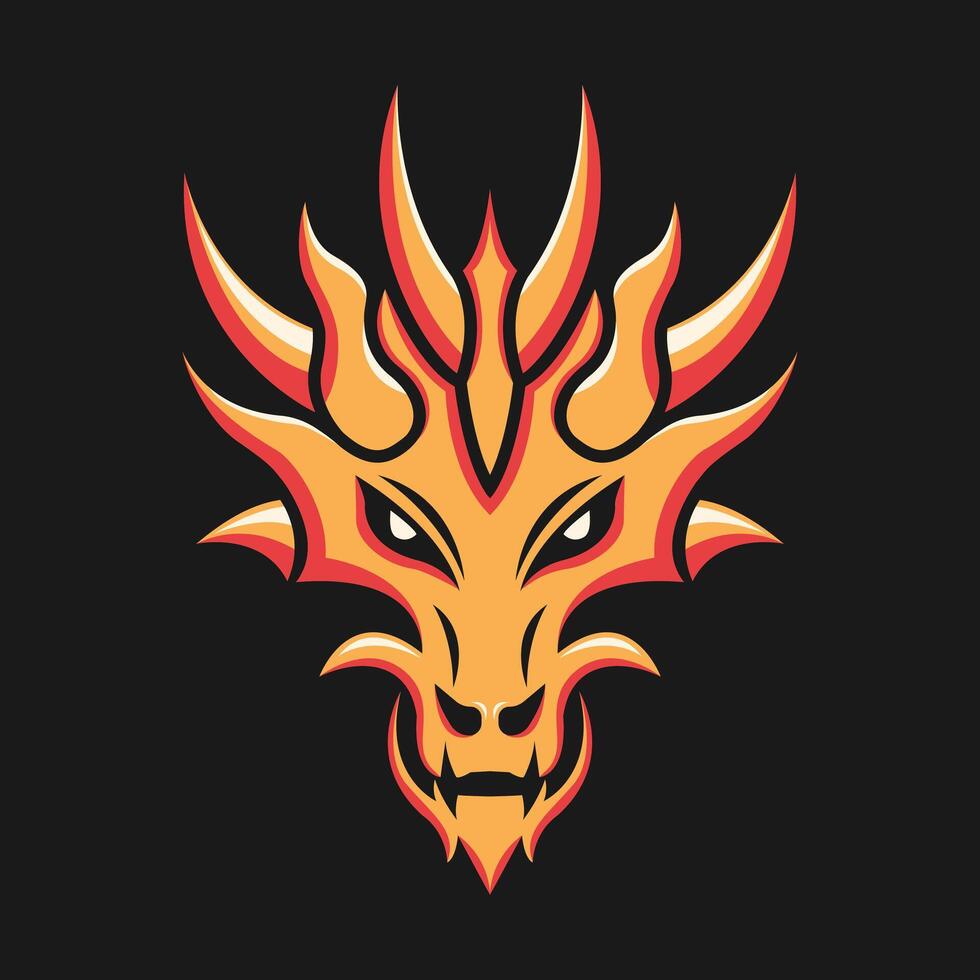 Fierce flame dragon head illustration on black background vector